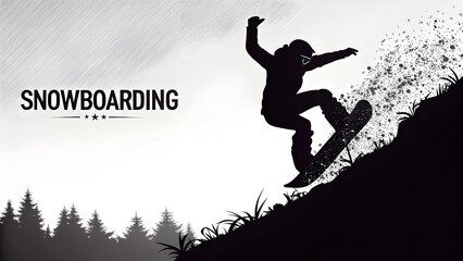 Silhouette of a snowboarder jumping isolated.
