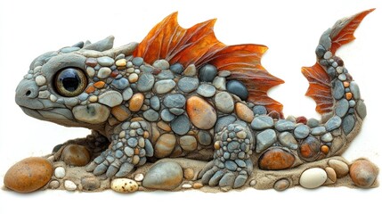 Fototapeta premium A whimsical creature made of pebbles, resembling a dragon or lizard, blending art and nature.