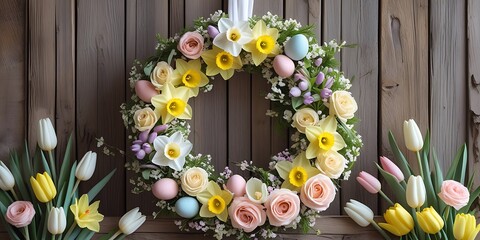 Pastel Easter Wreath with Blossoming Flowers Against Rustic Wooden Background
