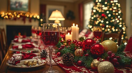 A beautifully set holiday dining table with festive decorations and a Christmas tree in the background.