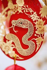 Obraz premium A traditional Chinese lantern with a snake wrapped around it, suitable for decoration or symbolizing good luck