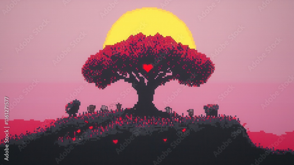 Sticker A vibrant 8-bit pixel art of a glowing pixelated tree with heart-shaped glowing leaves, surrounded by tiny pixelated animals playing beneath its branches, with sparkling flowers scattered across 