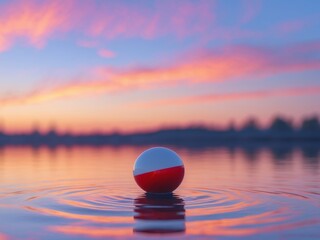 Vibrant Sunset Over Calm Lake with Floating Red and White Ball