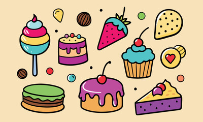 Different type of cake set.Colorful cake set illustration