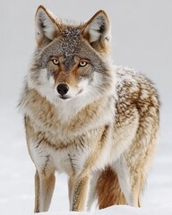 Naklejka premium A close-up of a coyote standing in a snowy landscape, showcasing its fur and piercing eyes.