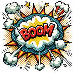 Cartoon comic sign burst cloud. Speech bubble, boom sign expression and   on a white background