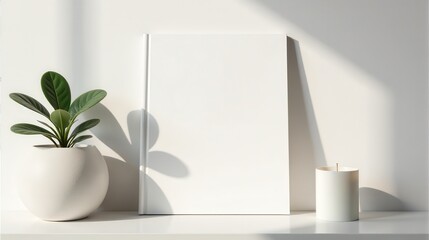 Minimalist setup featuring a blank canvas, potted plant, and lit candle on a wooden table with soft shadows cast on the wall