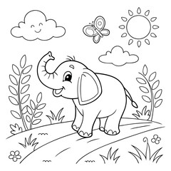 Cheerful Elephant In Nature Coloring Page Line Drawing Illustration
