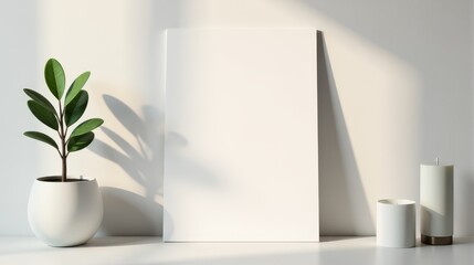 Minimalist setup featuring a blank canvas, potted plant, and lit candle on a wooden table with soft shadows cast on the wall