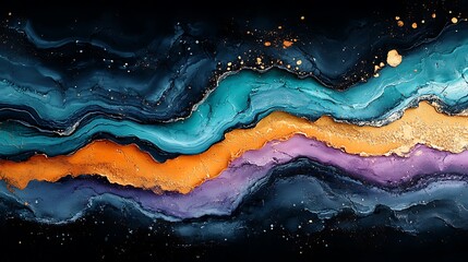Abstract Swirling Ocean Colors with Gold Accents