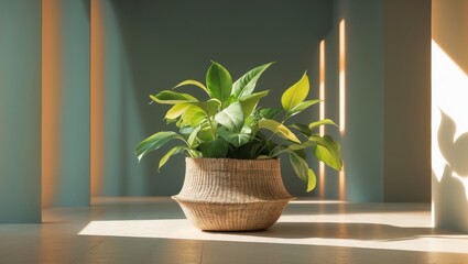 Fototapeta premium Plant in woven basket casting shadows in a bright indoor space