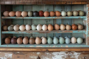 Fresh eggs artfully arranged on a rustic wooden shelf, showcasing their natural beauty and charm.