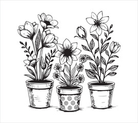 
Set of continuous one line drawing of a flowers in a pots with background