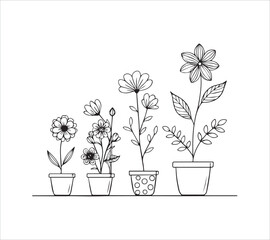 
Set of continuous one line drawing of a flowers in a pots with background