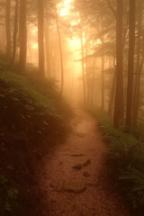 Obraz premium Photo réaliste d’une forêt mystique, baignée par des rayons de soleil dorés traversant les arbres, avec une légère brume s’élevant doucement du sol forestier, créant une atmosphère magique et éthérée