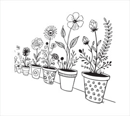 
Set of continuous one line drawing of a flowers in a pots with background