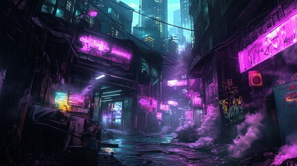 A dark, industrial district filled with neon graffiti and flickering signs in a cyberpunk city.