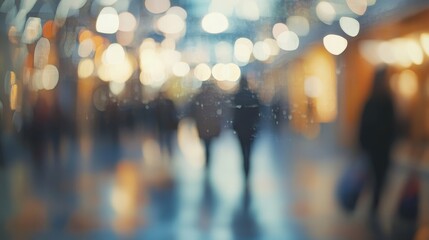 Crowded shopping mall urban setting blurred background evening ambiance people in motion