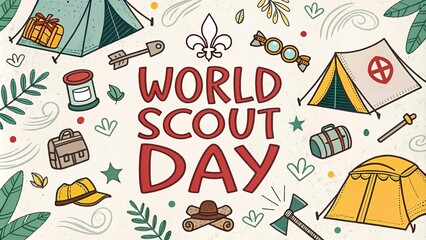 Celebrating world scout day with camping gear and adventure icons