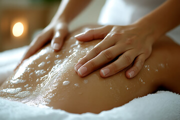 A therapist performing a deep tissue massage on a client in a tranquil spa environment, emphasizing relaxation, muscle recovery, and wellness, with warm tones and a serene ambiance.

