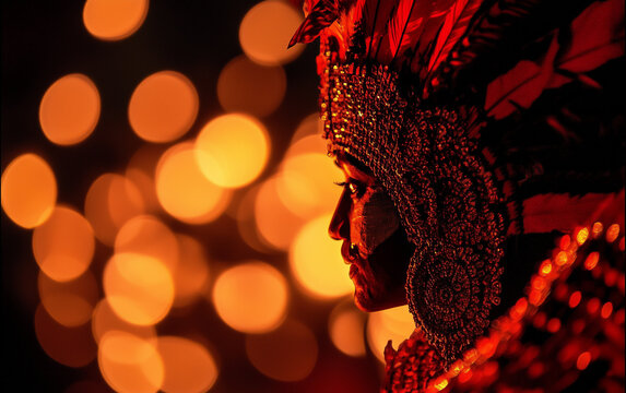 Theyyam in keralam, close up shot of theyyam, night time shot, cultural event, indian culture 