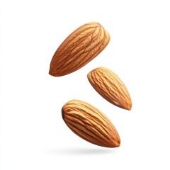 Three Almonds Falling Against White Background Detailed Closeup View