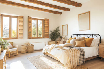 Warm sunlight illuminating cozy rustic bedroom with wooden beams and shutters