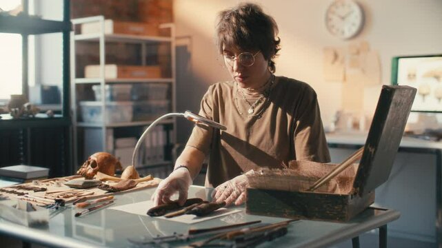 Young female archaeologist wearing gloves and glasses examining historical artifacts under magnifying glass in laboratory, with skull, tools and labeled objects arranged on glass table