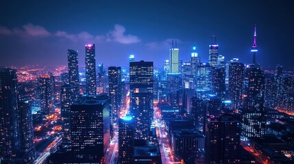 Fototapeta premium A beautifully lit cityscape at night with skyscrapers glowing in the distance.