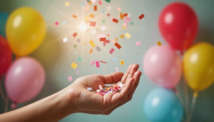 Hand throwing colorful confetti at indoor birthday party, celebration joy