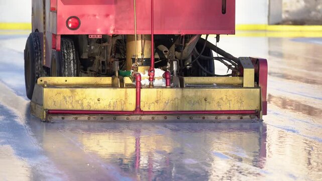 Ice resurfacer at winter rink prepares smooth surface for skaters