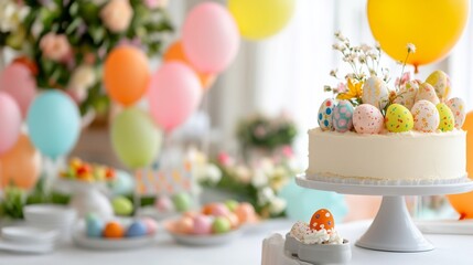 easter party decorations, joyful display of vibrant easter decorations, including balloons, banners, and table accents at a festive gathering