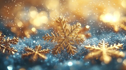Fototapeta premium A close-up view of golden snowflakes on a glittery surface, evoking a festive winter atmosphere.