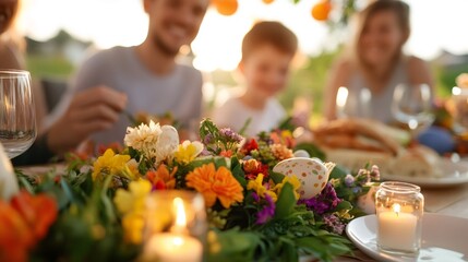 holiday gathering, the family enjoyed an easter feast, gathered happily around a vibrant centerpiece of flowers and candles