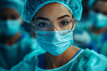 team of surgeons in a brightly lit operating room, wearing scrubs and masks, working with precision on a critical procedure, professional and focused atmosphere, realistic details, medical care repres