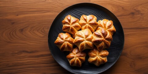 Golden brown pastries on dark plate wooden background top view copy space