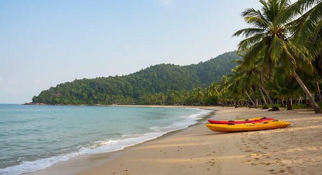 Stunning tropical beach with kayaks, waves, and palm trees.  Ocean coastline with mountains.  Perfect!