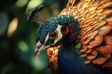 Obraz premium A peacock displays its striking plumage, showcasing a mix of rich greens and warm oranges in a lush outdoor environment, capturing the beauty of wildlife.