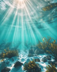 Obraz premium Sunlit ocean depths with rays illuminating the underwater world