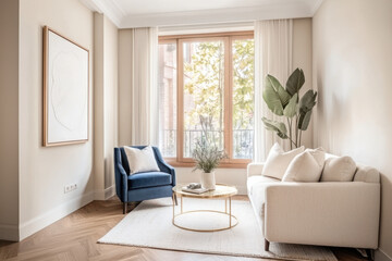 Modern living room interior with elegant furniture and natural light illuminating the room