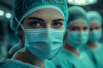 team of surgeons in a brightly lit operating room, wearing scrubs and masks, working with precision on a critical procedure, professional and focused atmosphere, realistic details, medical care repres