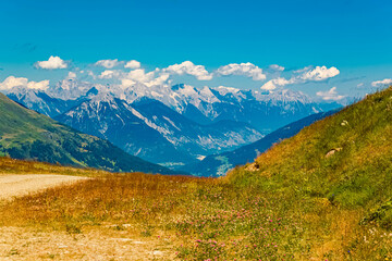 Alpine summer view at Mount Schoenjoch, Fiss, Inntal valley, Samnaun, Landeck, Tyrol, Austria
