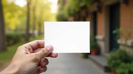 A hand holds a blank white card against a blurred natural background, offering space for custom text or design
