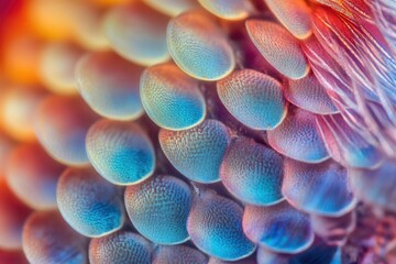Vibrant and colorful scales of an insect are highlighted in a close-up view, revealing intricate patterns and unique textures that showcase natural beauty in detail.