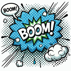 Cartoon comic sign burst cloud. Speech bubble, boom sign expression and   on a white background