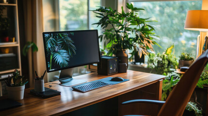 Modern home office with computer monitor on wooden desk paired with a comfortable chair, surrounded by large windows in room with natural light. A lush plant and home decor in workspace interior