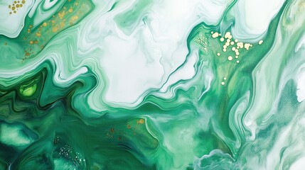 Fototapeta premium top view on green, golden and white color abstract acrylic paint fluid art in marble shapes, on texture background