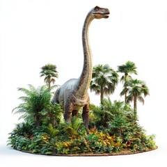 Fototapeta premium A large dinosaur surrounded by lush tropical vegetation in a vibrant setting.
