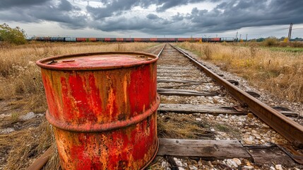 Abandoned Railway Yard with Red Barrel and Tracks