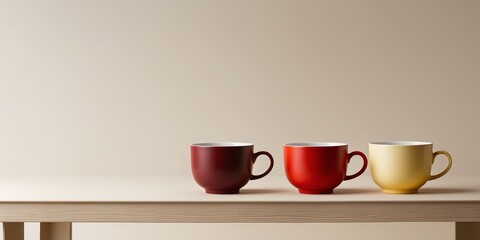 Three cups of different colors are lined up on a table